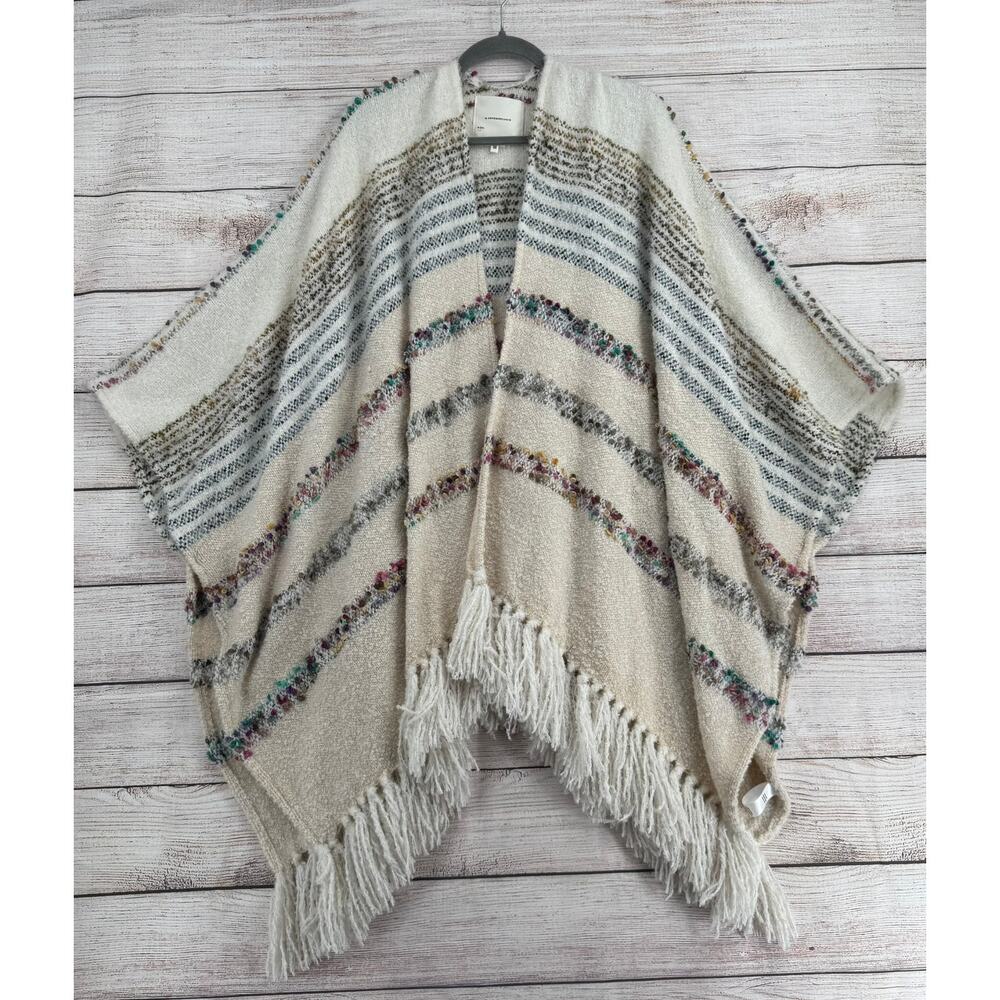 Anthropologie Striped Fringed Sweater‎ Shawl Womens One Size Ivory Blue Green